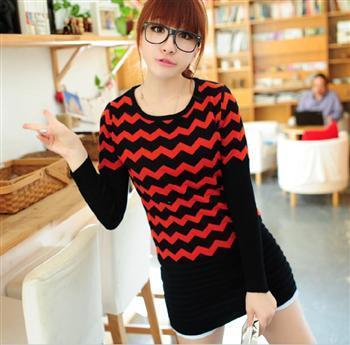 High quality stripe medium-long knitwear slim long-sleeve basic sweater wave sweater dress