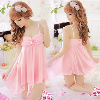 High quality summer female sexy sleepwear faux silk spaghetti strap nightgown transparent lace pink set temptation