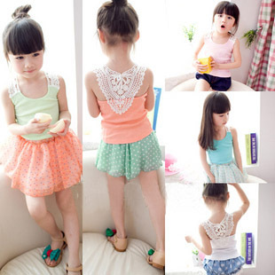 High quality Summer girls clothing the back lace child tank candy color spaghetti strap top baby vest sleeveless T-shirt