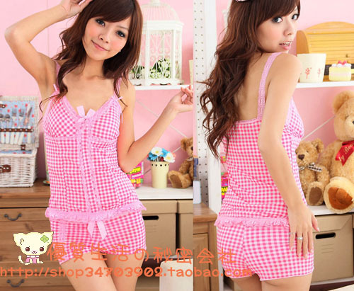 High quality sweet and comfortable check silky small sleep set powder