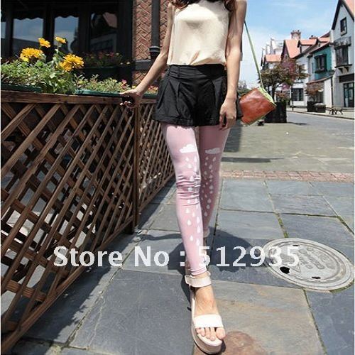 High quality Thin Cotton  stockings ,fashion Cloud Raindrop Ninth Pants ,Pink/Green Color Joker leggings ,2pcs/lot free shipping