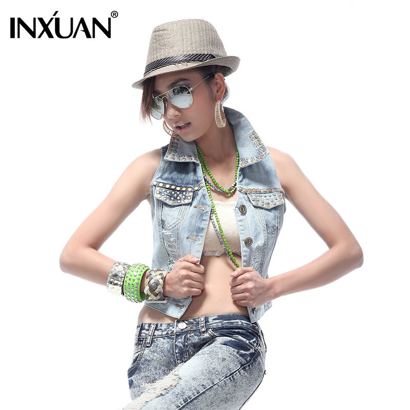 High Quality Turn-down collar short design denim vest female denim vest 2012 rivets