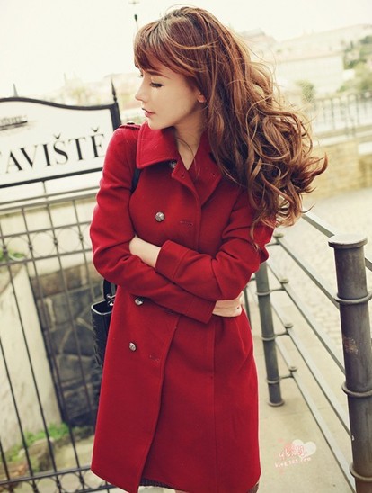 High quality Turn-down Collar Slim Fit Epaulette Red Peacoat Women'sLong Coats Fashion Winter Ladies Clothing