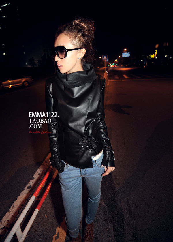 High quality ultra soft comfortable motorcycle large lapel fur one piece irregular sweep leather clothing