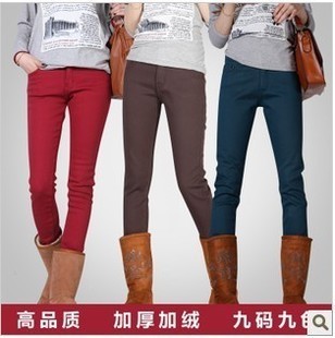 High quality version ! 2013 elastic boot cut jeans thickening plus cotton mid waist jeans skinny pants candy plus velvet pencil