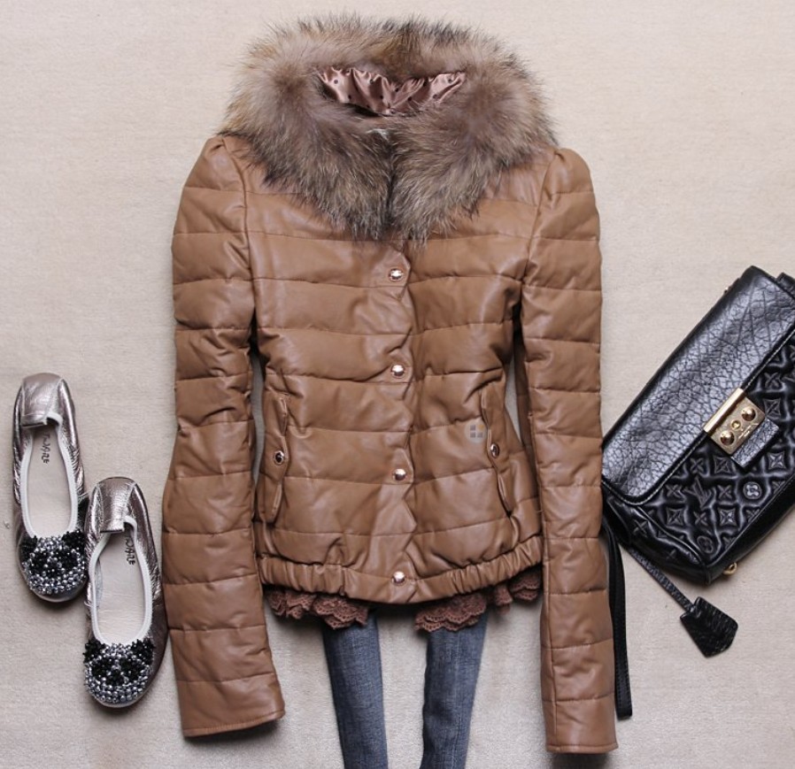 High quality washing leather down jacket with  fur collar ,Long sleeve lace solid winter overcoat