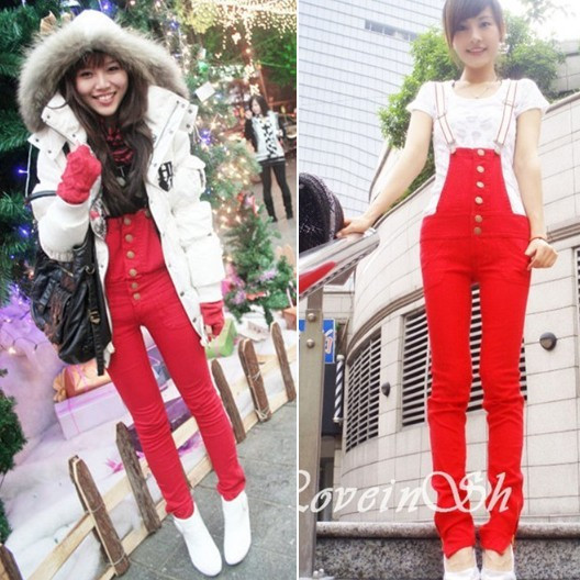 High quality ! Women's beautiful fashion red suspenders jeans bib pants trousers