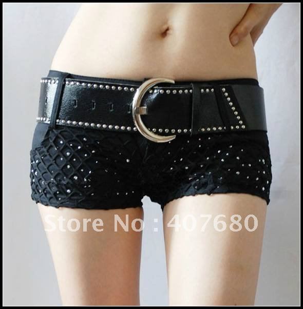 high quality women's fashion sexy nightclub hot shorts low waist with belt rivet rhinestone decorate ds street dancing shorts.