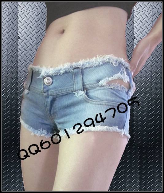 high quality women's sexy low waist hot shorts nightclub deckle edge light blue Denim Shorts cotton ds Costume