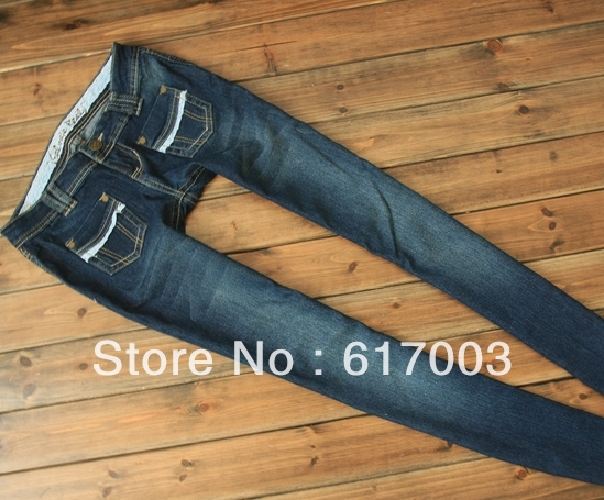 High quality women's skinny jeans cattle lace decoration straight jeans pants only 10 pieces