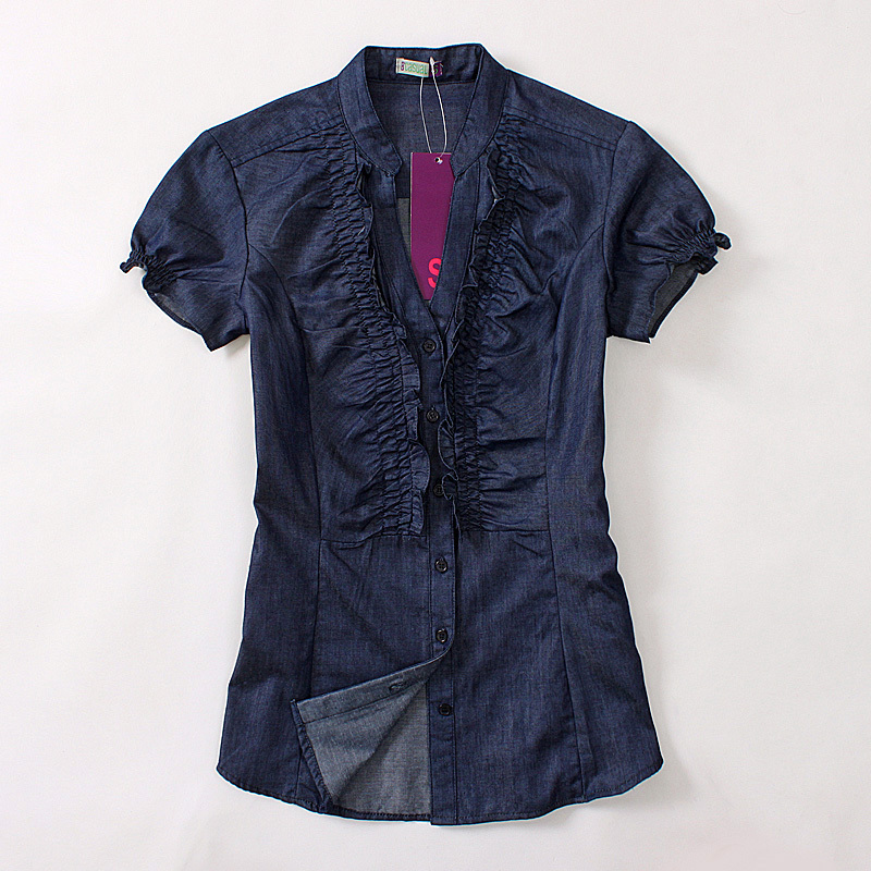 High quality women's thin denim V-neck short-sleeve lantern sleeve shirt 150g-1341