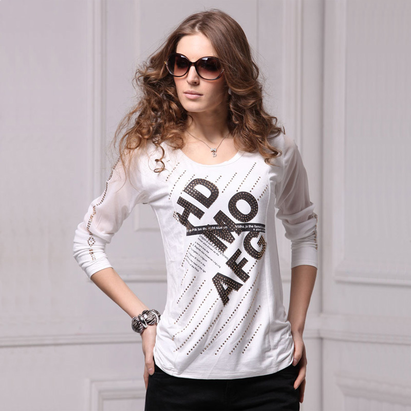 High quality yarn leather velvet patchwork o-neck long-sleeve T-shirt diamond letter basic shirt white 2012 a221