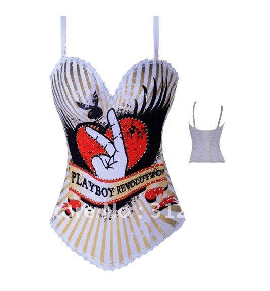 High Qualtiy Mixed S,M,L,XL,XXL 6pcs/lot Fashion L080 White With Pattern Sexy Corset Top With Panty