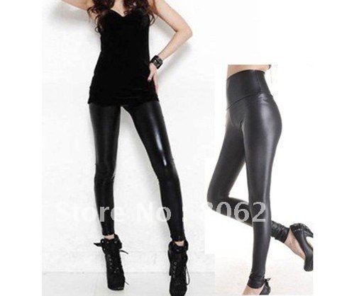 High Waist Black Stretchy Leather Leggings   B240