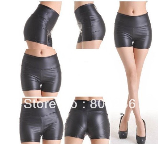 High Waist Black Stretchy Leather Look Skinny Short Pants   B431