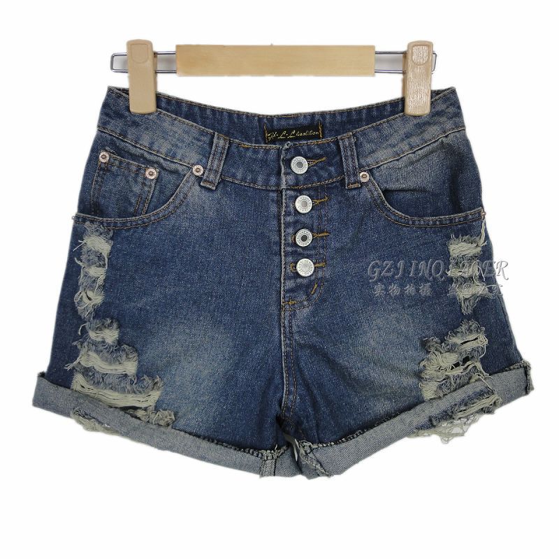 High waist denim shorts female loose plus size hole shorts boot cut jeans summer roll-up hem fashion retro finishing