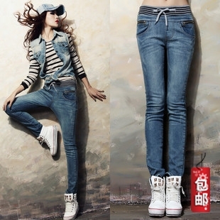 High waist elastic casual pencil pants elastic waist denim trousers female 8129