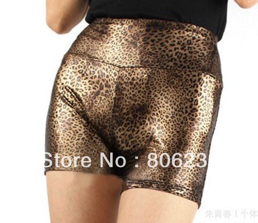 High Waist Leopard Stretchy Punk Leather Skinny Short Pants   B375