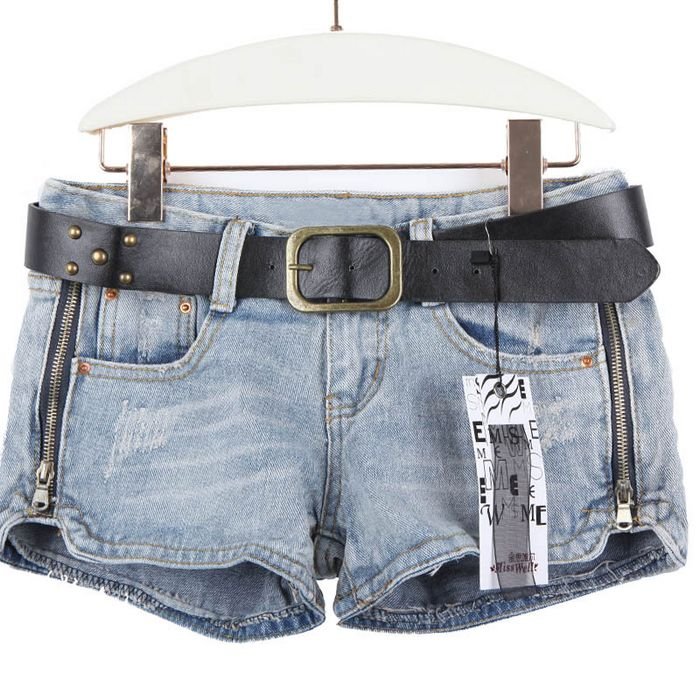 Hight Quality Women Vintage Washed Worn Broken Light Blue Denim Jeans Shorts Short Pants Belt S,M,L,XL 1pc Free Shipping mw7186