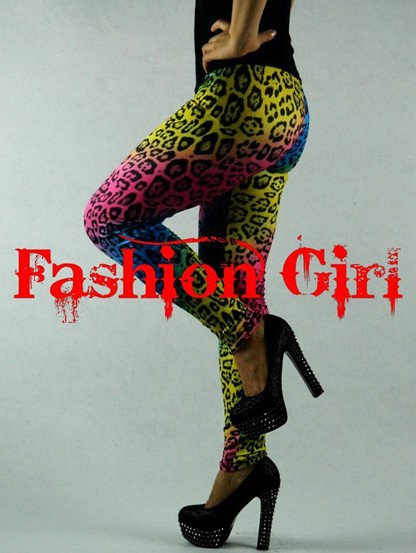 Hip-Hop COLORFUL Rainbow Leopard Nine points Leggings Imitation leather Titun Anti-off silk Tight leggings