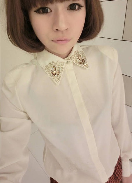 Hitz quality manual collar diamond thick chiffon shirt shoulder pads long-sleeved chiffon blouse women shirts & women blouses