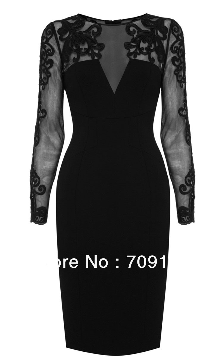 HK Free Shipping Black Mesh Embroidered Long-sleeved Dress Ladies Dress S M L XL XXL XXXL