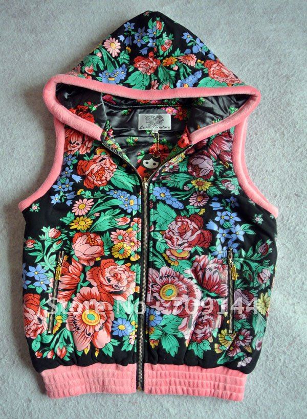 HK  Free Shipping Fashion New Autumn and Winter Classic Printing Hooded Cotton Vest Women Coat