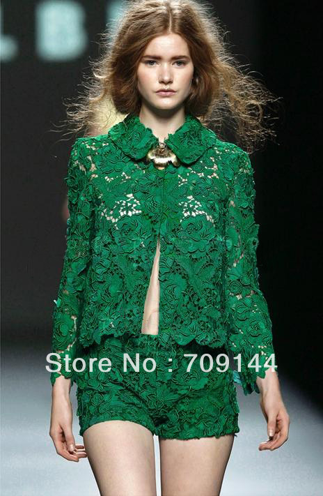 HK Free Shipping High Quality Lace Openwork Embroidery Suit ( Jacket +Shorts ) Women  S M L