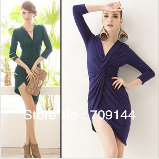 HK Free Shipping Retro Deep V Sexy  Three Quarter Sleeve Dress Sexy Dress Women Dress