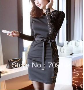 HK Free Shipping Sexy Nightclub Lace Stitching Long Sleeve Dress Women Sexy Dress