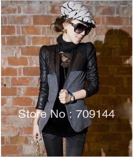 HK Free Shipping Slim Handsome Woolen Splicing Leather Jacket Women Coat Suit S M L