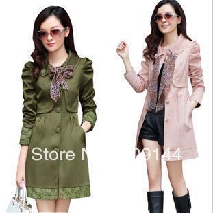 HK Free Shipping Slim Single -breasted Lace Puff Sleeve Windbreaker Women Coat With Scarves M L XL XXL