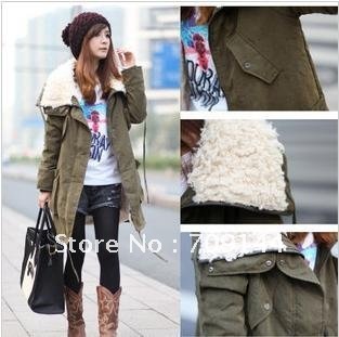 HK  Free Shipping+Wholesale Lamb Wool Collar Thicken Long Coat Women's Coat Jacket