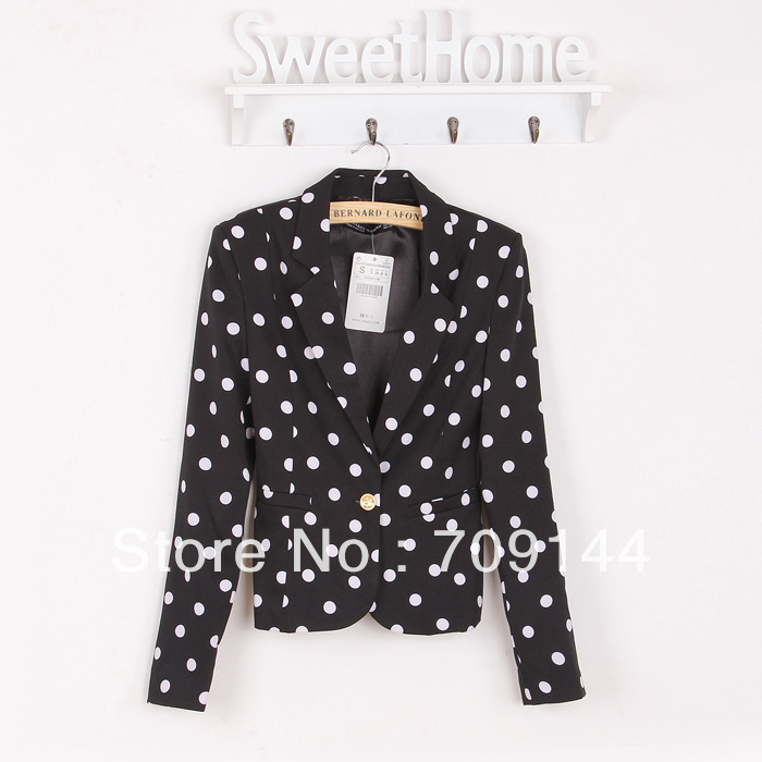 HK Free Shipping Women's Slimming Dot Pattern Blazer With Lapel Single Button Design  S M L