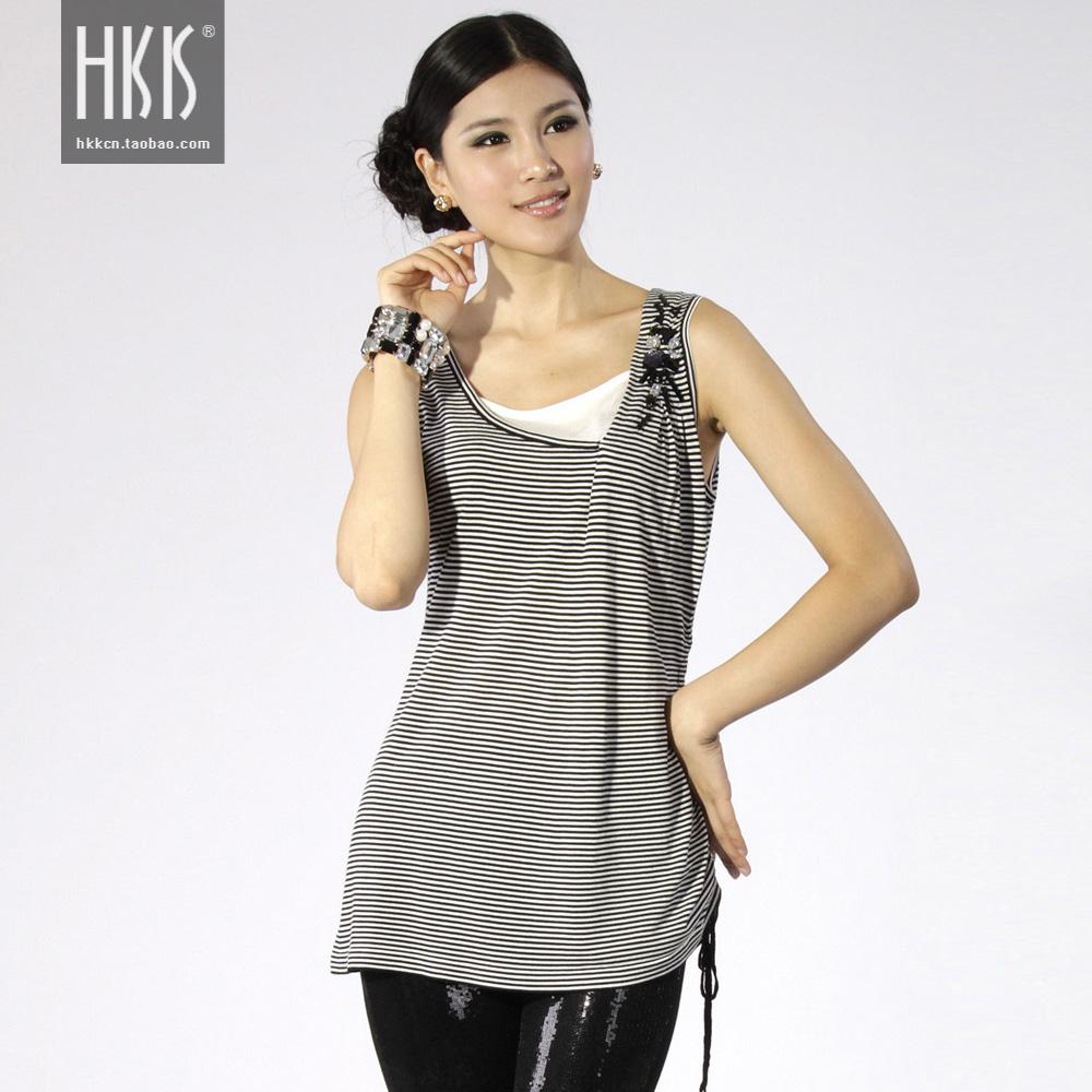 Hkk summer sleeveless faux two piece beading fine stripe long design sweater