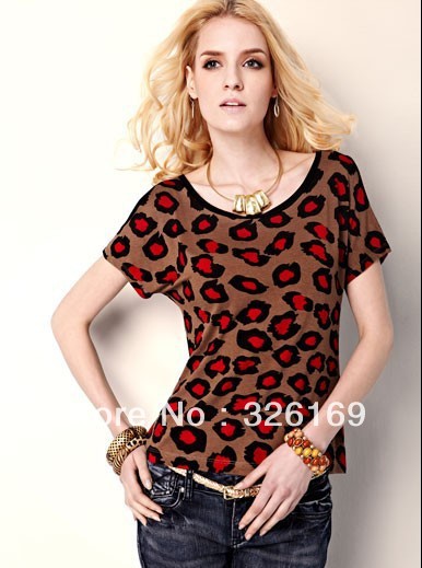 HM-077 Free Shopping Women Abstract leopard print bare shoulder T-shirt