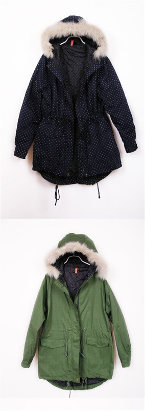 Hm trench female polka dot small fresh all-match dot fur collar with a hood drawstring wadded jacket outerwear