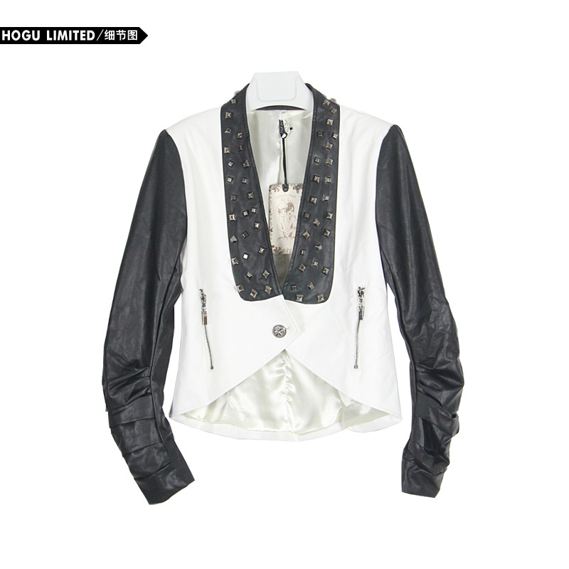 Hogu fashion new arrival autumn collar rivet black-and-white patchwork leather clothing