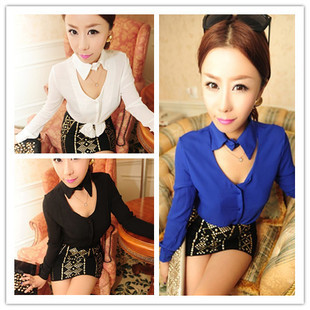 Hold autumn fashion vintage small lapel faux silk chiffon long-sleeve slim medium-long shirt