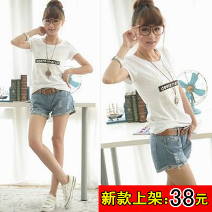 Hole loose wide leg pants denim shorts trend female blue thermal trousers