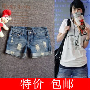 Hole roll-up hem denim shorts female summer loose lowing shorts Women plus size