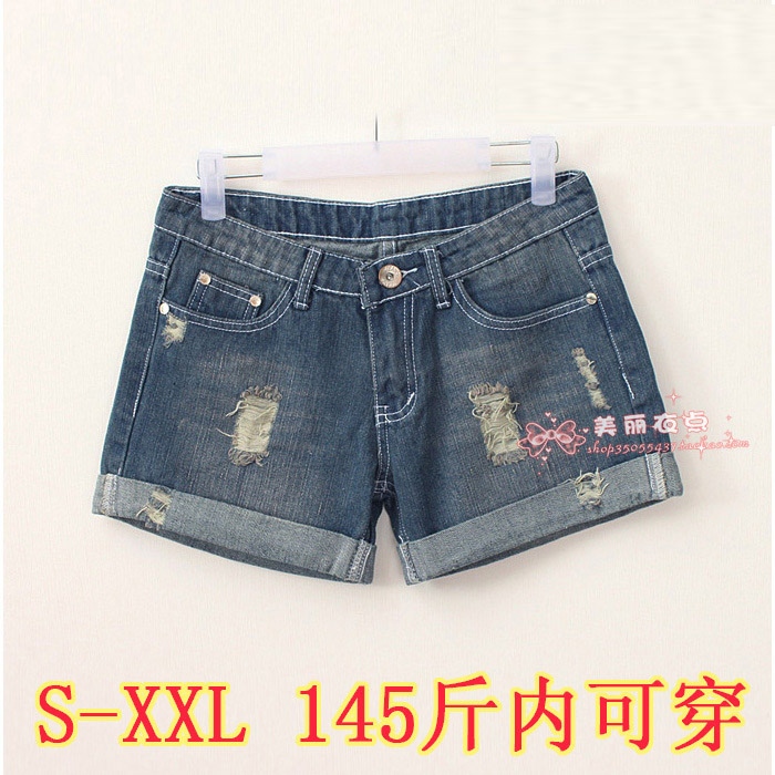 Hole roll-up hem vintage plus size denim shorts mm female loose short design boot cut jeans