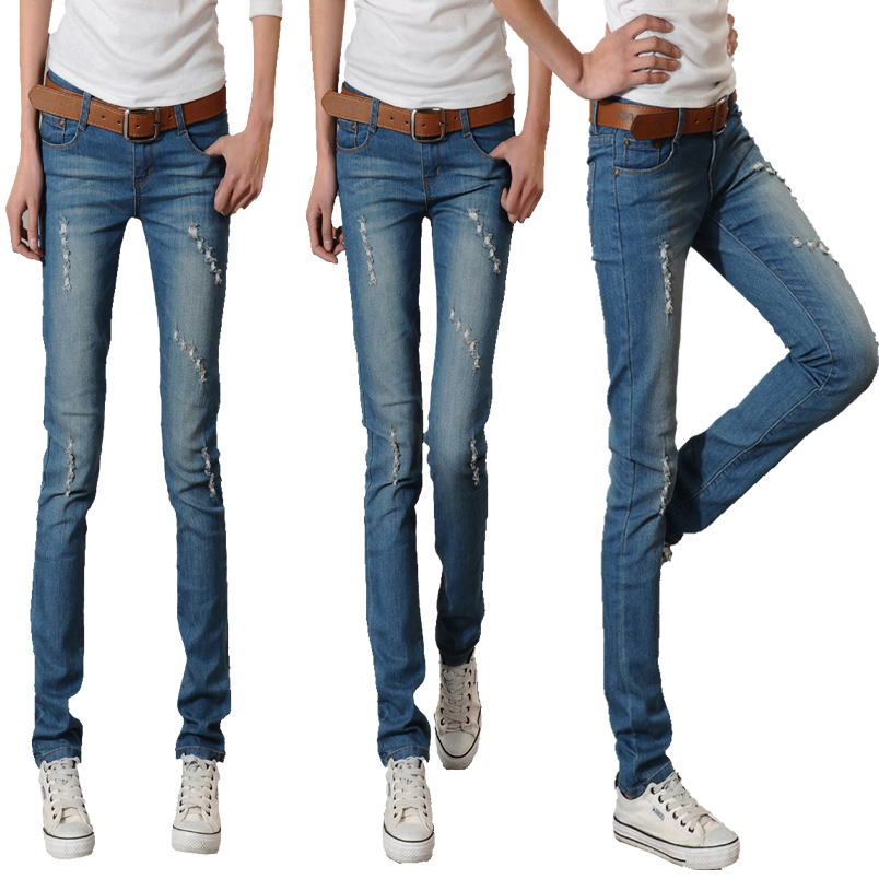 Hole wearing long pants white light color pencil jeans spring autumn fashion skinny jeans for women low waist jeans