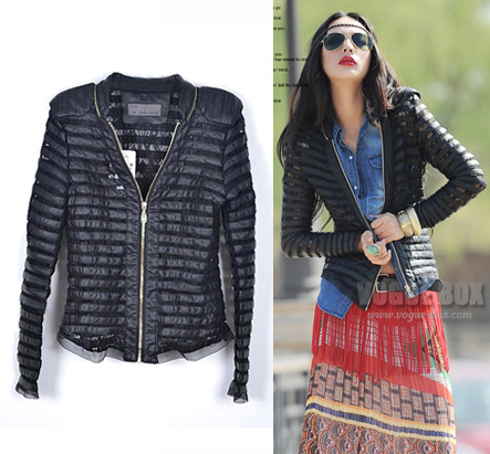 Holiday Sale 2012 fashion lace patchwork small stripe motorcycle short design PU clothing female jacket,women leather jacet.