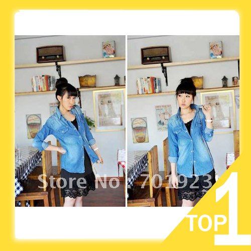 Holiday Sale 2013 HOT EU Style Lapel Washed Jean T-shirt Outwear Tops Two Colors free shipping Y3946