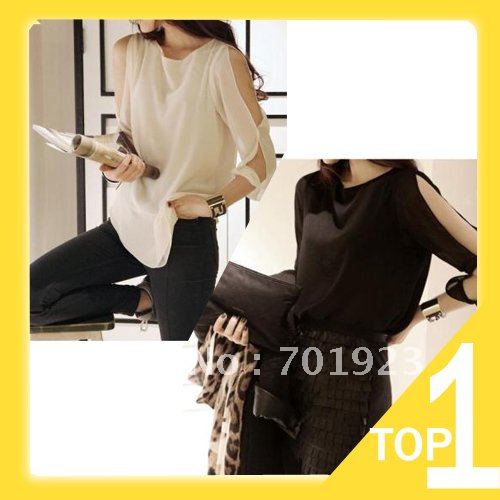 Holiday Sale 2013 Korean Womens Fashion Cut Out Open Shoulder Chiffon Loose Shirt Blouse Tops free shipping Y3458