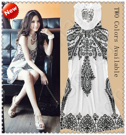 Holiday Sale 2013 New arrived floral prints ladies' slimmer spaghetti strap dress White, Black E0855