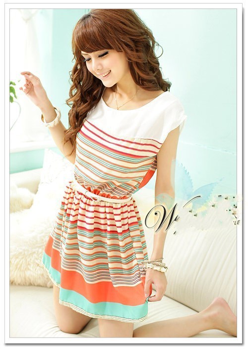 Holiday Sale 2013 New Colorful Stripes Mini Dress Free Bowknot Belt Womens Dresses free shipping A1163