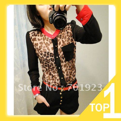 Holiday Sale 2013 New Fashion Women Chiffon Top Blouse Long Sleeve Leopard Shirt free shipping Y3817