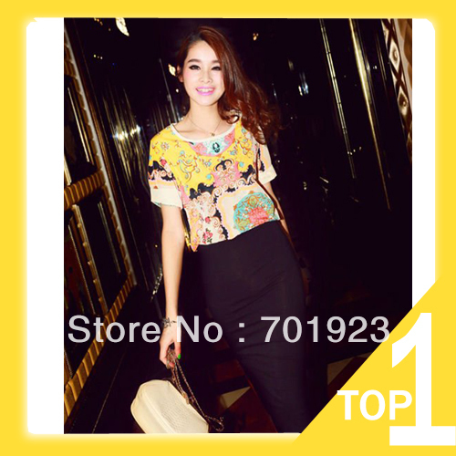 Holiday Sale ETHNIC-PRINT SHORT SLEEVE CHIFFON TOP WITH ZIPPER BACK Y6107